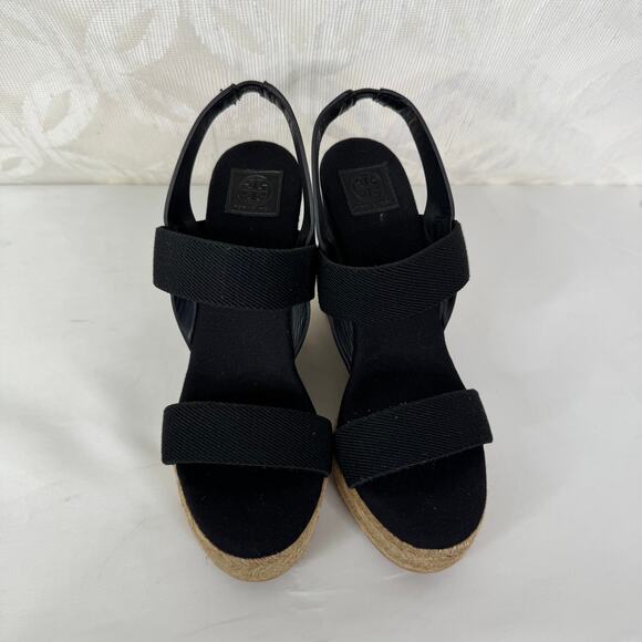 Tory Burch Black 2 Band Canvas Wedge Sandals Size 7 - Picture 6 of 12